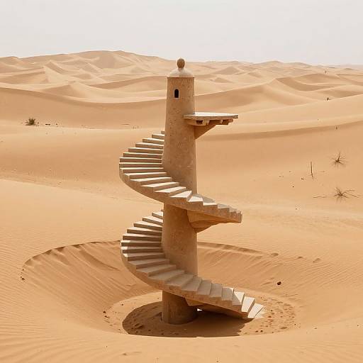 Photograph of a spiral stone staircase tower in a vast, sunlit desert with rippled sand dunes and sparse vegetation.