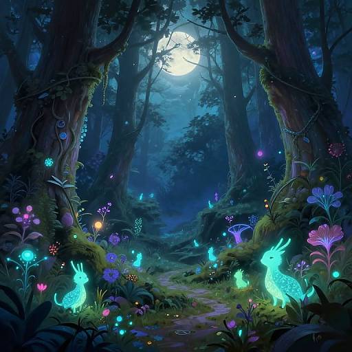 Mystical Forest with Glowing Creatures Under Moonlight