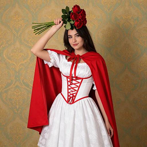 Elegant Woman in White Dress and Red Cape