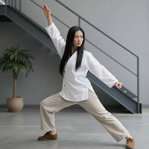 Asian Woman Practicing Martial Arts Indoors