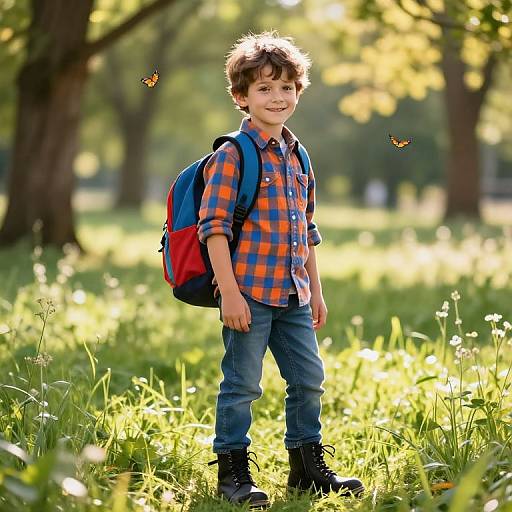 Photograph of a smiling young boy with curly brown hair, wearing a blue and orange plaid shirt, blue jeans, black boots, and a red