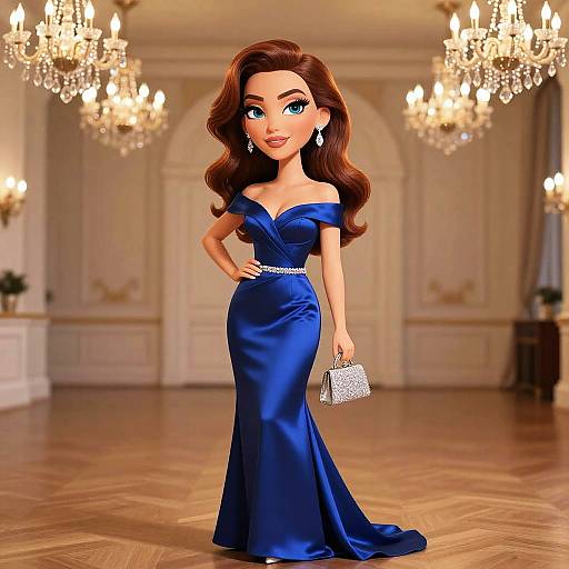 Digital illustration of a brunette doll with blue eyes, wearing a blue off-shoulder satin gown, holding a sparkly clutch, standing in a luxurious