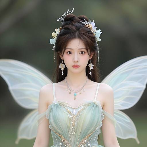 Digital artwork of an ethereal Asian fairy with delicate, translucent wings, wearing a light green, ornate dress, adorned with flowers and jewelry, set