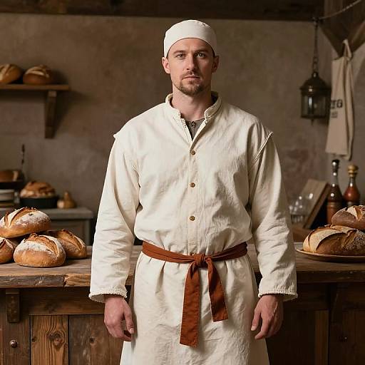 Photograph of a bearded, Caucasian male baker in a white apron and cap, standing in a rustic kitchen with bread loaves on wooden tables