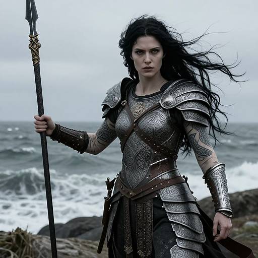 Photograph of a fierce, dark-haired warrior woman with intricate silver armor, holding a spear, standing on a rocky seaside. Stormy ocean background.