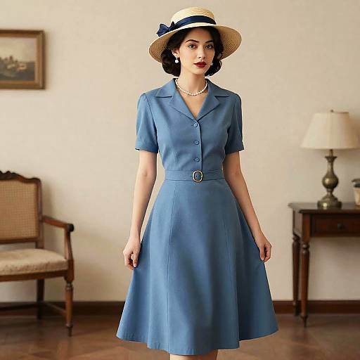 Photograph of a fair-skinned woman with dark hair, wearing a blue 1940s-style dress, pearl necklace, and straw hat, standing