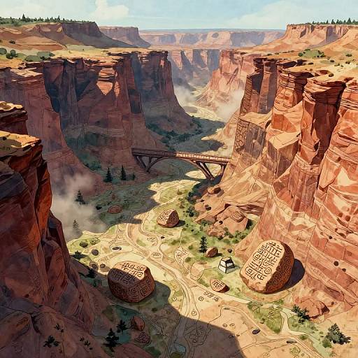 Digital artwork of a vast, sunlit canyon with red rock cliffs, ancient petroglyphs, a wooden bridge, and scattered pine trees.