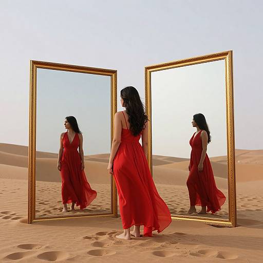 Photograph: Woman with long black hair in flowing red dress stands barefoot in desert, reflected in two large gold-framed mirrors.