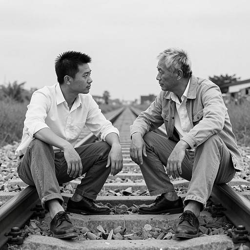 Black and White Photo of Friends on Tracks