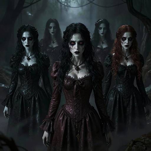 Digital artwork of five pale, ghostly women with black, curly hair and dark, gothic dresses, standing in a misty, eerie forest,
