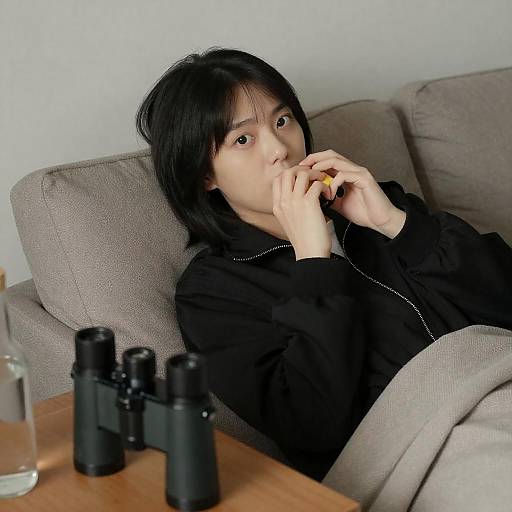 Young Asian Woman on Couch with Yellow Object