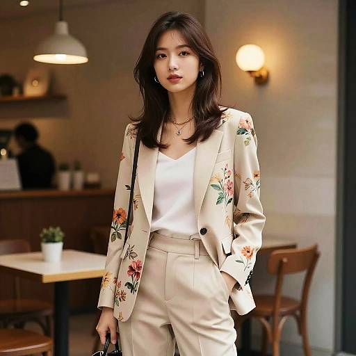 Photograph of an Asian woman with shoulder-length dark hair in a floral beige blazer and white top, standing in a cozy café. Warm lighting,