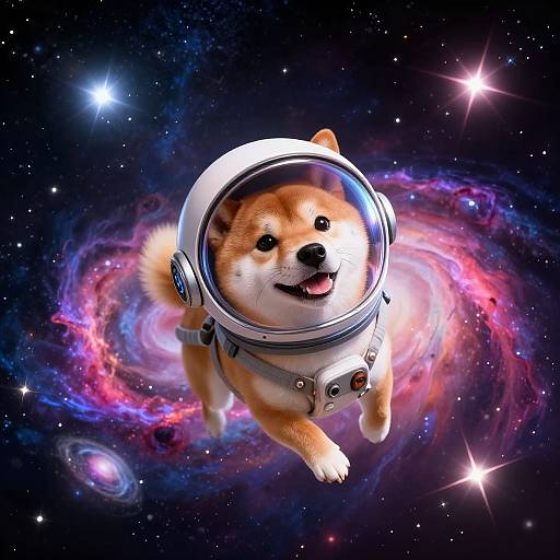Digital artwork of a cheerful Shiba Inu in a white astronaut helmet floating in outer space, surrounded by vibrant galaxies and stars.