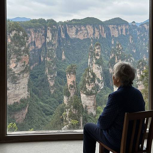 Photograph of an elderly man with gray hair, in a dark blue jacket, sitting in a chair by a large window, gazing at a lush