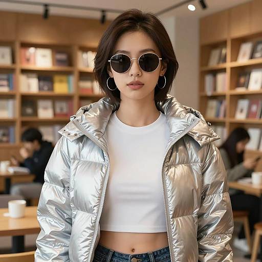 Stylish Woman in Cozy Bookstore Cafe