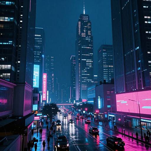 Neon-lit, rainy urban night scene photograph of a bustling city street with reflective wet pavement, towering skyscrapers, and vibrant blue, pink