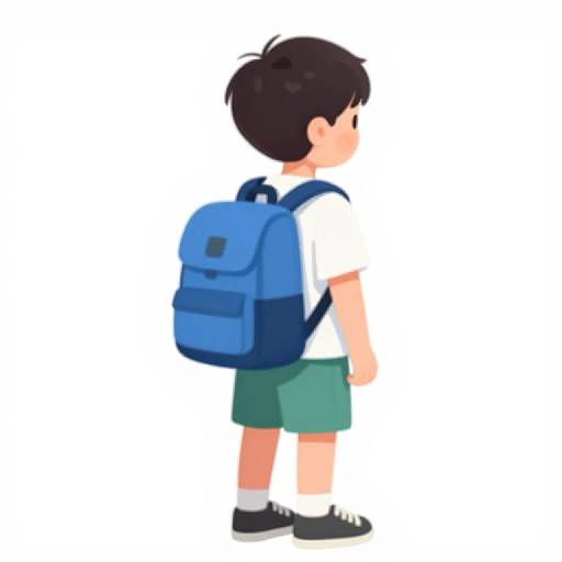 Digital illustration of a young boy in profile, wearing a white shirt, green shorts, black shoes, blue backpack, and black hair.