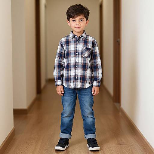 Photograph of a young boy with short black hair, wearing a blue and white plaid shirt, blue jeans, and black sneakers, standing in a