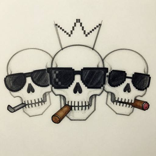 Three white skulls with black sunglasses, one with a cigar, and a zigzag crown above, in a digital tattoo style.
