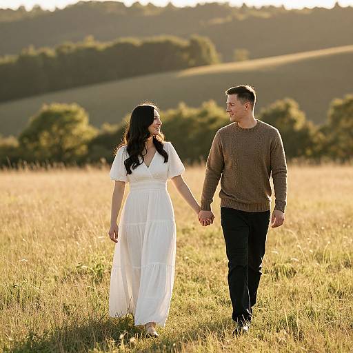 Photograph of a couple holding hands in a sunlit, golden grass field, wearing white dress and brown sweater, looking at each other. Hills and