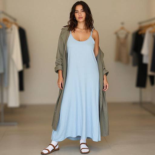 Photograph of a woman with wavy dark hair, wearing a light blue, sleeveless dress, green coat, and white sandals, standing in a