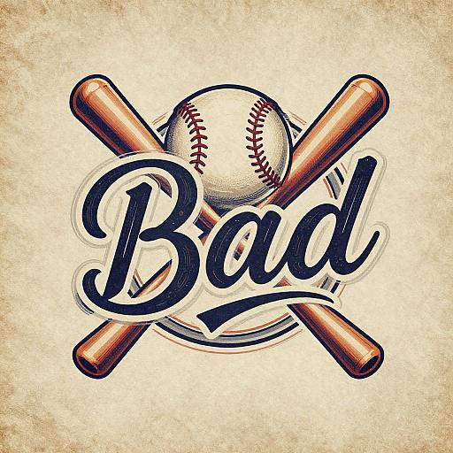 Vintage-style graphic of a baseball with red stitching and two crossed brown bats, overlaid with bold, cursive 