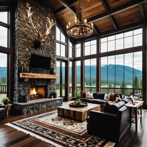 Rustic Mountain Lodge Living Room with Fireplace