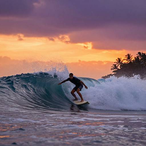 Surfers Catching Waves at Sunset