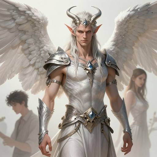 Digital art: Muscular, white-haired, horned, angelic warrior with large wings and silver armor, standing sternly in front of blurred,