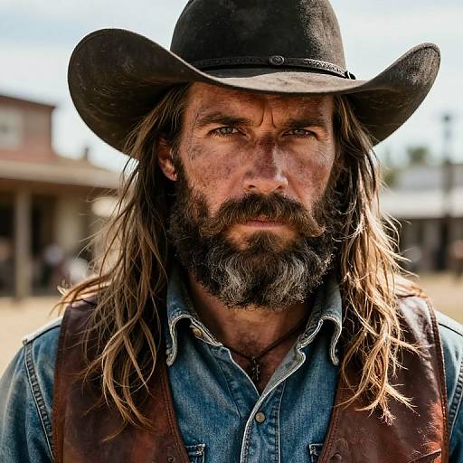 Photograph of a rugged, bearded man with long, blond hair wearing a black cowboy hat, denim shirt, and brown vest, set against a