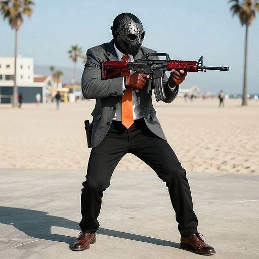 Photograph of a masked man in a black suit, orange tie, and brown shoes, holding a red and black rifle, standing on a sunny beach