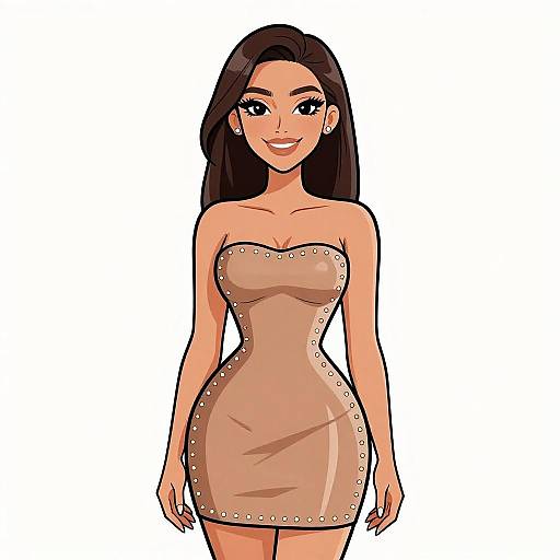 Digital cartoon of a smiling woman with long dark hair, wearing a strapless, form-fitting, beige dress with silver studs, against a white background