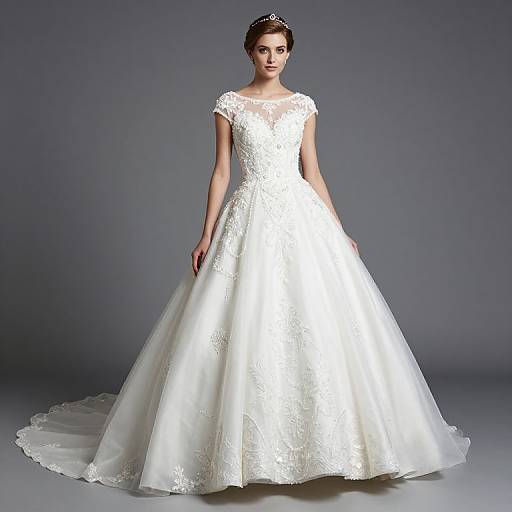 Photograph of a slender woman in an elegant white lace wedding gown with a full skirt and sheer cap sleeves, standing against a grey background.