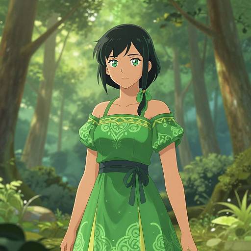 Anime-style digital drawing of a green-eyed, black-haired girl in a green, off-shoulder dress with intricate patterns, standing in a sunlit