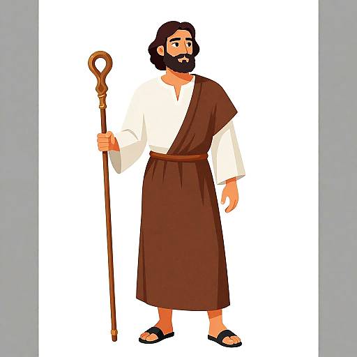 Digital illustration of a bearded man with dark hair, wearing a white tunic, brown robe, and sandals, holding a wooden staff. He stands