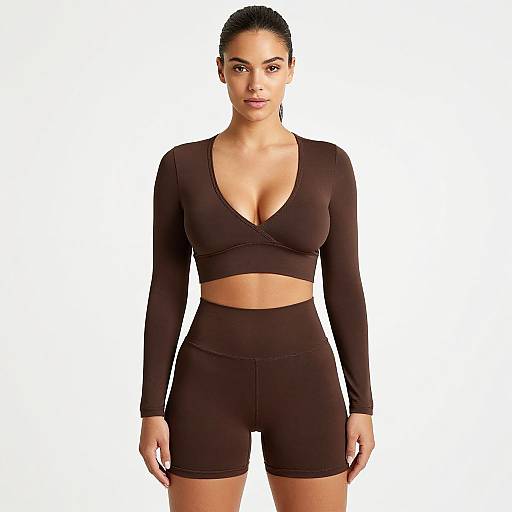 Photograph of a woman with dark hair in a bun, wearing a black long-sleeve crop top and high-waisted shorts, standing against