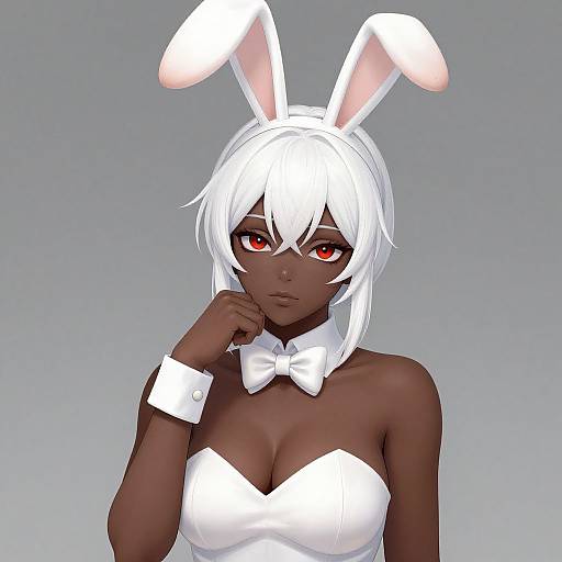 Digital anime-style drawing of a dark-skinned woman with white hair, red eyes, white bunny ears, and a white bowtie bunny outfit.