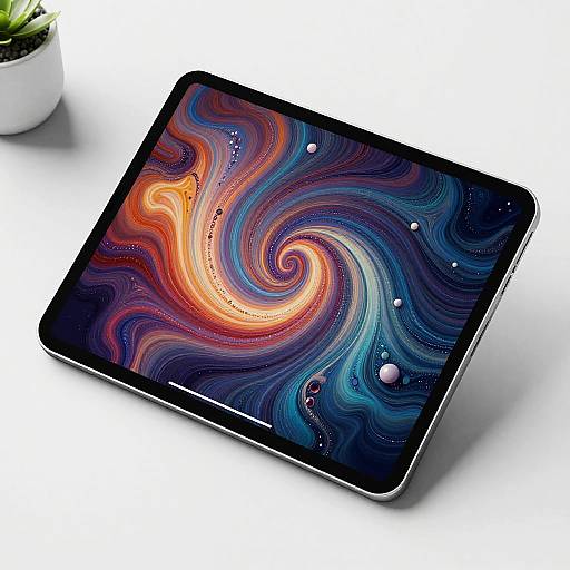 Photograph of a sleek, black tablet with vibrant, swirling abstract galaxy wallpaper, lying on a white surface with a small potted plant in the background