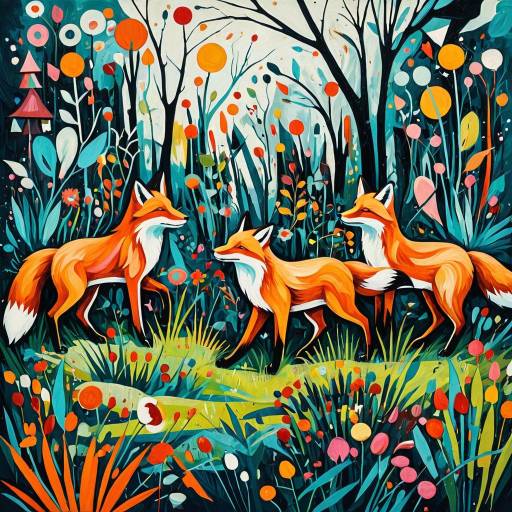 Abstract Expressionist Foxes in Vibrant Garden