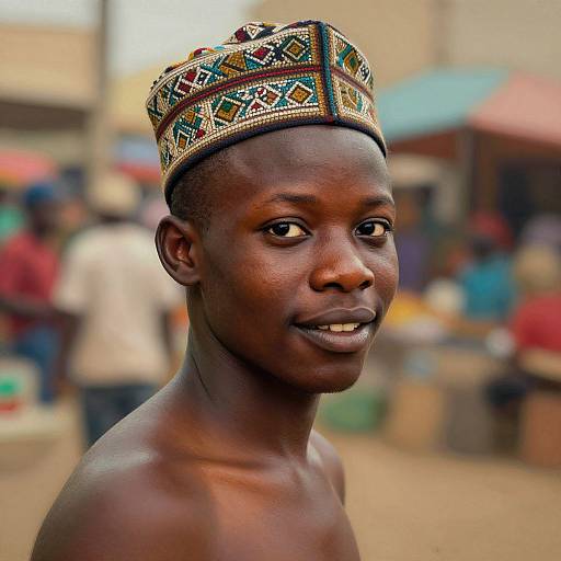 Photograph of a smiling, dark-skinned, shirtless young man wearing an ornate, patterned, colorful headwrap, with a blurred outdoor