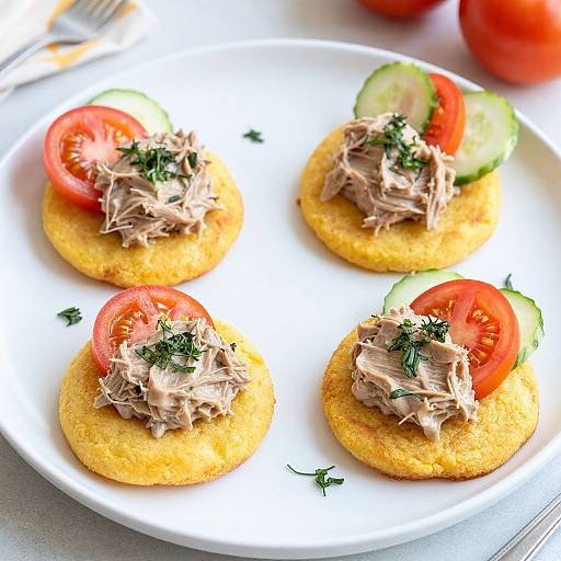 Photograph of four appetizing mini sandwiches on yellow crackers, each topped with shredded meat, tomato slices, cucumber slices, and garnished with dill