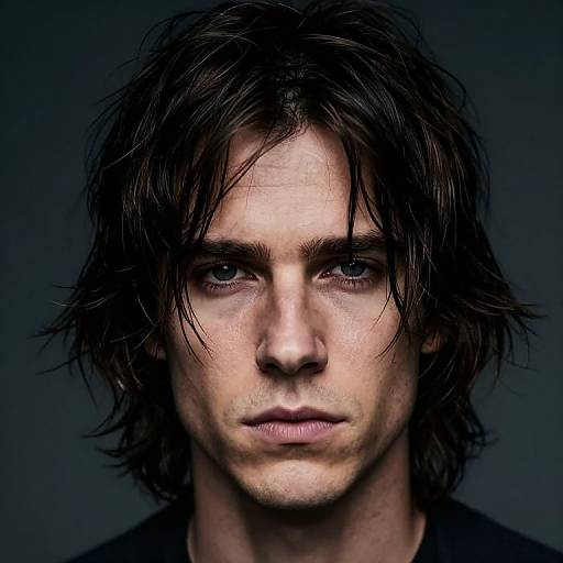 Photograph of a serious, white male with messy, dark brown hair, blue eyes, and light skin, against a dark blue background.