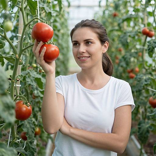 Woman Harvesting Tomatoes in Greenhouse