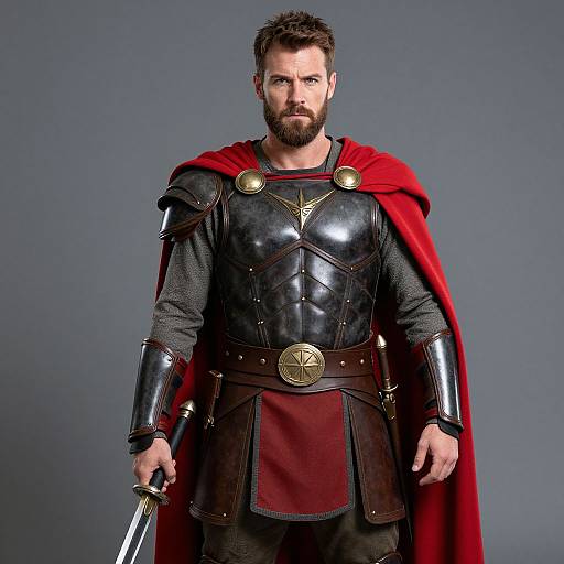 Photograph of a bearded, muscular man with short brown hair, wearing black armored chest and arms, red cape, and holding a sword, against