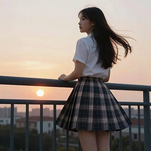 Photograph of an Asian woman with long black hair in a white shirt and plaid skirt, standing on a balcony at sunset, looking right. Sun
