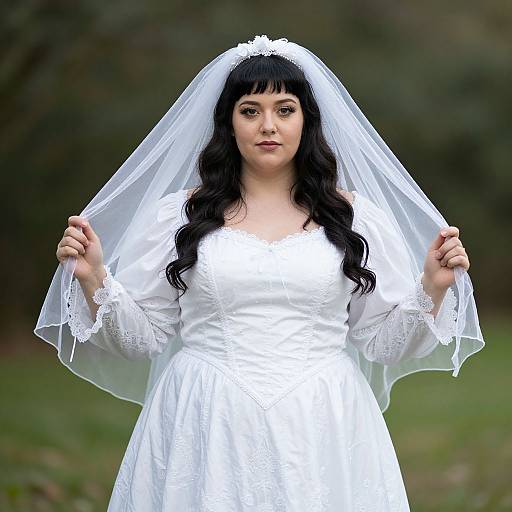 Photograph of a young woman with long black hair, wearing a white lace wedding dress and veil, standing outdoors with a blurred green background.