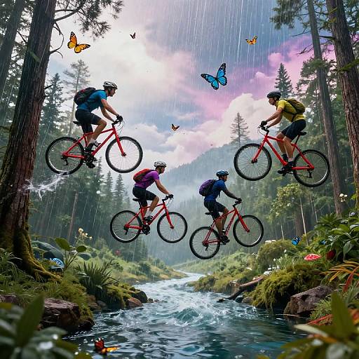 Digital illustration of four cyclists mid-jump over a forest stream, surrounded by rain, butterflies, and tall pine trees. Vibrant colors, dynamic action