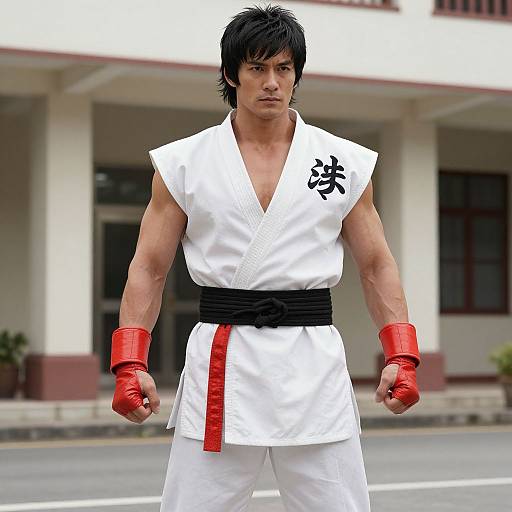 Photograph of a muscular Asian male martial artist with black hair, wearing a white gi with black and red accents, red wristbands, and a determined