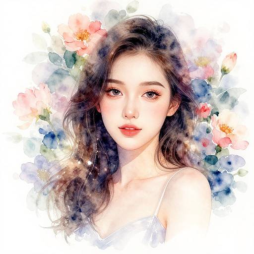 Digital watercolor portrait of a young woman with long, wavy brown hair, fair skin, and delicate features, surrounded by colorful flowers.