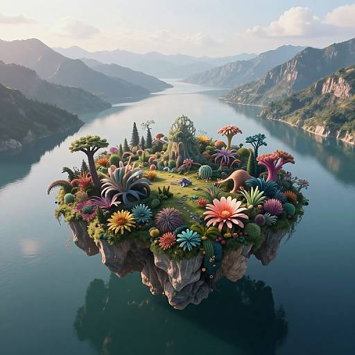 Fantastical floating island adorned with vibrant, surreal flowers and plants, set in a serene, mountain-surrounded lake with clear blue water. CGI artwork